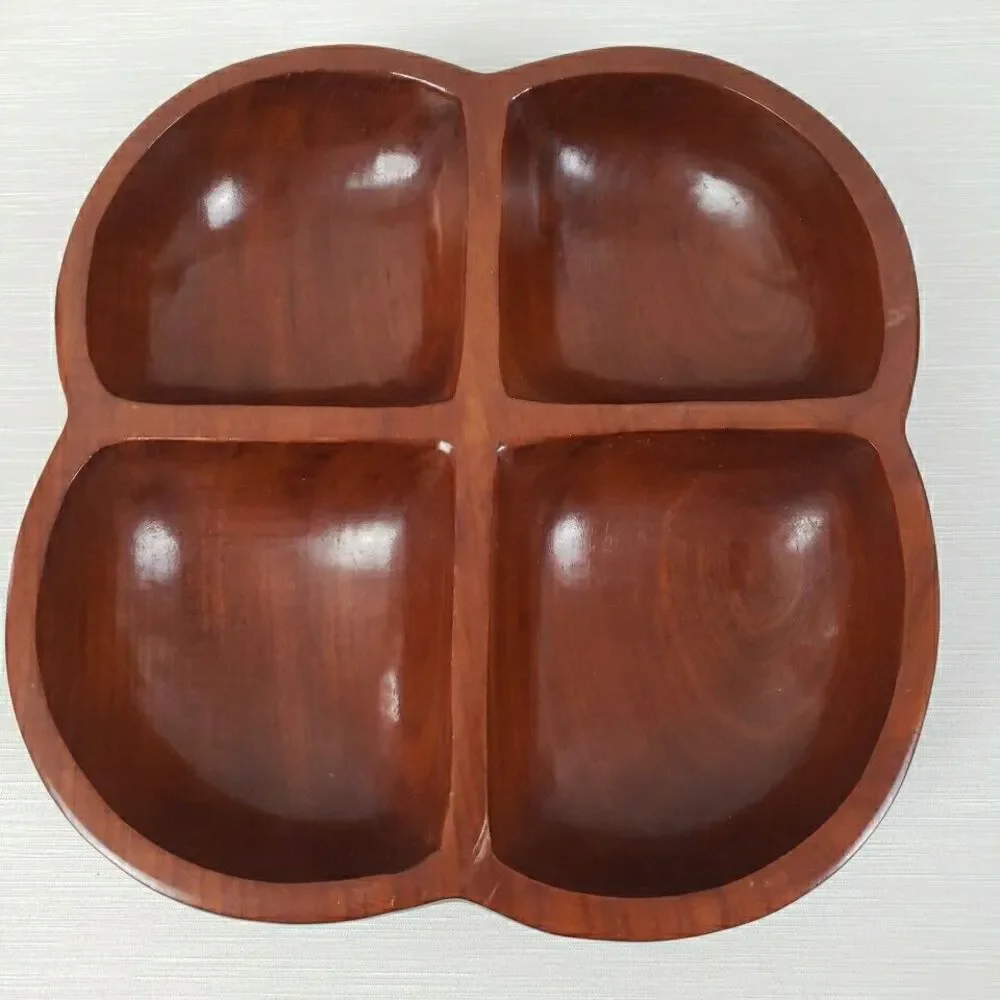 Carib Craft Lacquered Mahogany Divided Snack Nut Dish Serving Bowl VTG MCM